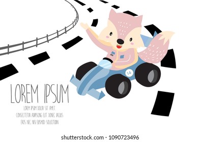 cute pastel greeting card with fox in racing car on the road