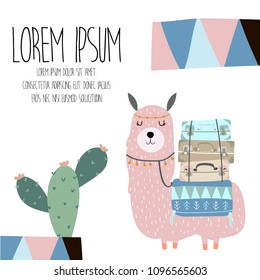 cute pastel greeting card with llama and cactus in scandinavian style