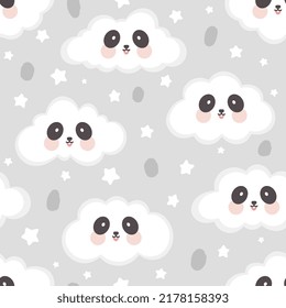 Cute pastel grey panda clouds in the sky. kids seamless pattern background with stars, scandinavian cute good night wrapping paper, fabric and textile print design