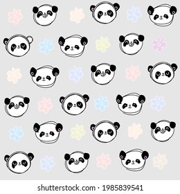 Cute pastel grey pattern with line doodle panda with multicolored flowers. Seamless background. Textiles for children. Minimalism paper scrapbook for kids. 