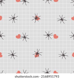 cute pastel grey wrapping paper with little red hearts and black spiders, prank gift wrap design for friends, spider lover funny seamless pattern print