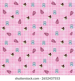 Cute pastel Halloween seamless pattern with ghosts, skulls, and cats on pink checkered background. Perfect for kids, kawaii lovers, and festive designs.

