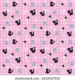 Lindo pastel Halloween sin patrón con fantasmas, cráneos y gatos sobre fondo a cuadros de color rosa. Perfecto para niños, amantes del kawaii y diseños festivos.

