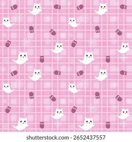 pastel bonito Halloween padrão sem emenda com fantasmas, crânios, e gatos em fundo quadriculado rosa. Perfeito para crianças, amantes kawaii, e desenhos festivos.
