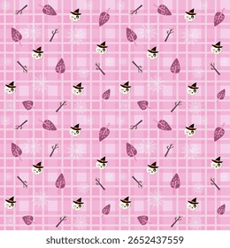 Cute pastel Halloween seamless pattern with ghosts, skulls, and cats on pink checkered background. Perfect for kids, kawaii lovers, and festive designs.
