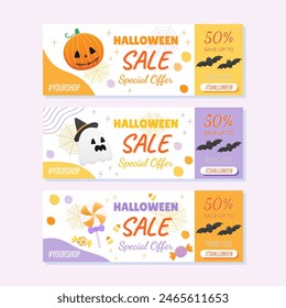 cute pastel halloweenr sale banner set for promotion events, vector illustration