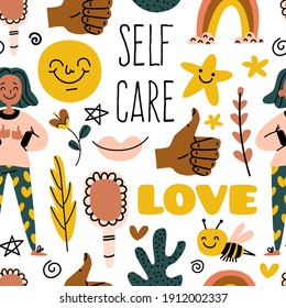 Cute pastel hand drawn seamless pattern. Positive woman, doodle funny elements. Love, self care, positive, happiness concept. Happy texture for print, textile, wrapping paper. Vector stock Eps pattern