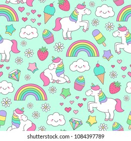 Cute pastel hand drawn unicorn and doodle elements seamless pattern background