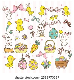 Cute Pastel Happy Easter Elements clipart bundle set, Bunny and Chicken Cute Cartoon Hand Drawn Collection