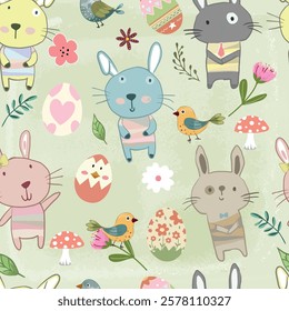 Cute pastel hare rabbit bunny having fun on easter day cartoon seamless pattern