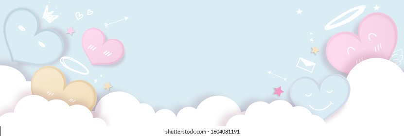Cute pastel hearts decorated with clouds and elements for love, drawing style on light blue background.  Vector illustration.