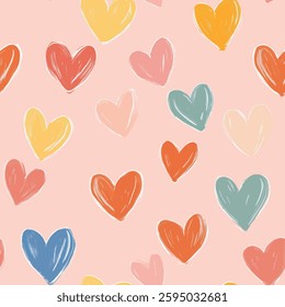Cute pastel hearts on a pink background, heart seamless pattern vector illustration,  doodle summer,  kids and baby designs for print fabric.