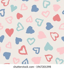 Cute pastel hearts seamless pattern. Random placed vector love elements all over print.
