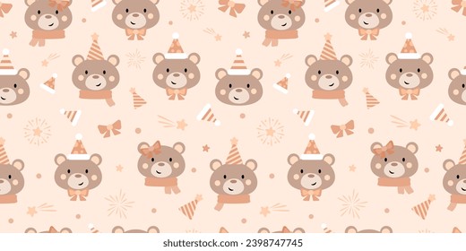 Cute pastel holiday bear vector pattern background, seamless repeating wallpaper, wrapping paper design