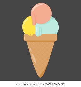 Cone de sorvete pastel bonito com três colheres em cores suaves no fundo escuro. Rosa, Azul, Amarelo, Estilo de desenho animado minimal, perfeito para desenhos de verão e ilustrações com temas infantis, design plano, comida.