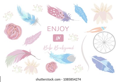 Cute pastel icon with wreath and feather in boho style