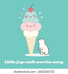 Uma ilustração pastel bonito de um urso polar bebê olhando para cima de um cone sorrindo sorvete. O texto "Pequenas alegrias derreter preocupa-se" transmite uma mensagem calorosa e reconfortante. Perfeito para impressões com temas de verão