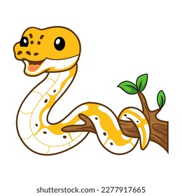 Cute pastel ivory ball python cartoon on tree branch