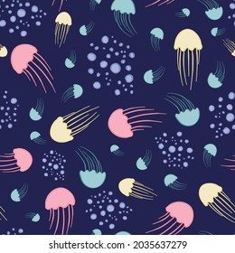 Cute pastel jellyfish seamless repeat pattern dark ocean background. Vector illustration. Great for kids and home decor projects. Surface pattern design.