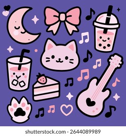 Cute pastel kawaii doodle set with cats, moon, bubble tea, cake, guitar, music notes, and bows on a vibrant purple background. Perfect for playful designs, stickers, and kids' themes