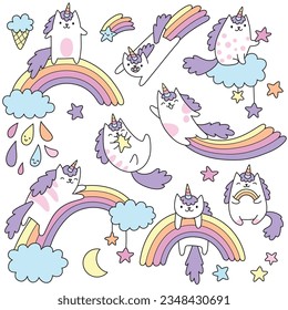 cute pastel kawaii doodle unicorn cats with rainbow girly icon elements