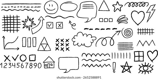 Cute pastel criança doodle elementos conjunto incluindo setas de giz de cera, corações, nuvens, estrelas, casas, quadros e formas. Mão desenhada com lápis, pincel ou giz. Perfeito para a arte infantil, fundos e escola.
