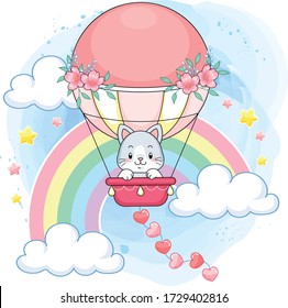 Cute pastel kitten on a pink hot air balloon in a rainbow world