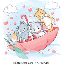 Cute pastel kittens sailing inside an umbrella