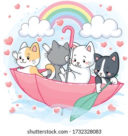 Cute pastel kittens sailing inside an umbrella with rainbow