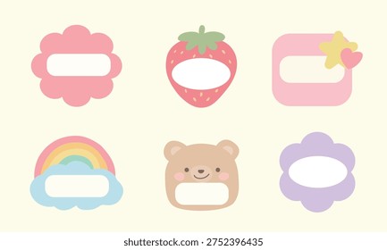 Cute pastel label frame set including flower, bear, rainbow, cloud, strawberry, star and heart elements with blank text space, ideal for name tag, sticker and card design.