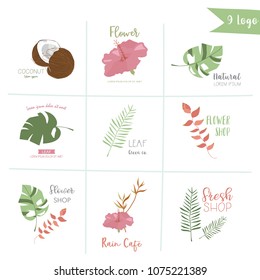 Cute pastel logo with palm, coconut tree,hibiscus and flower