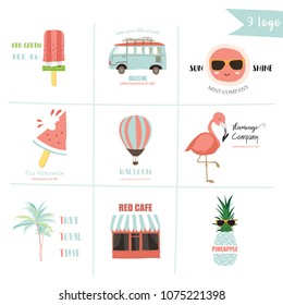 Cute pastel logo with watermelon,ice cream,sun,balloon,pineapple,cafe,coconut tree,van and flamingo