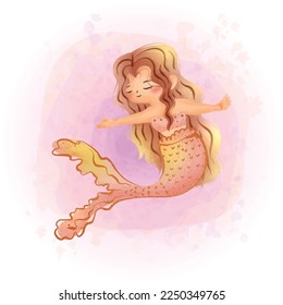 Cute Pastel Mermaid Cartoon Character Watercolor Graphics 02