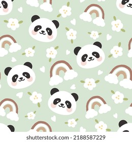 cute pastel mint green panda bear face in the sky with rainbow and flowers, seamless pattern for baby girl, vector print for wrapping paper, fabric and textile