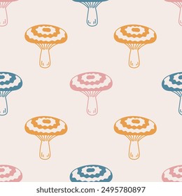 Cute Pastel Mushrooms Doodle Seamless Pattern. Hand drawn Childish background with groovy Coral milky cap fungus. Repeat vector illustration 