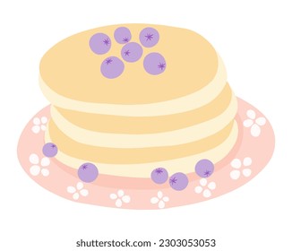 Cute pastel pancakes with blueberries on pink vintage plate