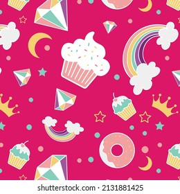 Cute pastel pattern with cupcakes, rainbow, diamonds, stars and crown with bright pink background 
