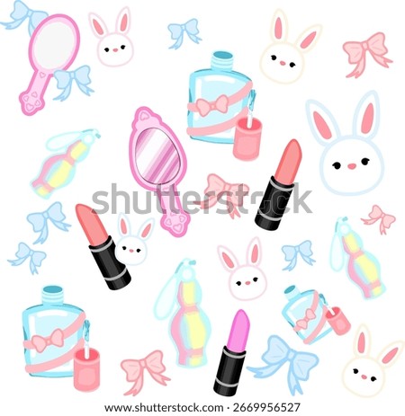 Cute pastel pattern featuring bunnies and beauty items like lipstick, mirror, bow, nail polish, perfume, and brush in a playful composition