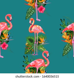 cute pastel pattern with flamingos, monstera and palm leaves. notebook cover, textile, greeting cards and party invitations.