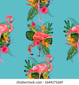 cute pastel pattern with flamingos, monstera and palm leaves. notebook cover, textile, greeting cards and party invitations.