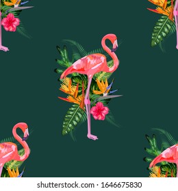 cute pastel pattern with flamingos, monstera and palm leaves. notebook cover, textile, greeting cards and party invitations.