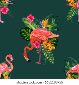 cute pastel pattern with flamingos, monstera and palm leaves. notebook cover, textile, greeting cards and party invitations.