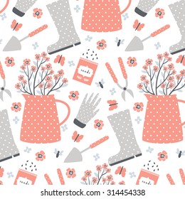 cute pastel pattern with garden stuff on white background. flowers, instruments, garden gloves and seeds
