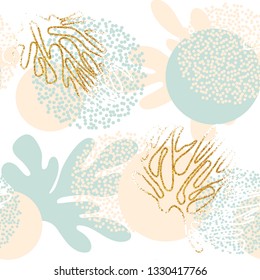 Cute pastel pattern on the marine theme with circles, dots and hand drawn gold glitter elements on white background.Trendy hand drawn texture for paper, wallpaper, cover, fabric, Interior decor 