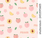 Cute pastel peach seamless pattern. Juicy peach fruit. Girly wallpaper. Vector