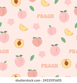 Cute pastel peach seamless pattern. Juicy peach fruit. Girly wallpaper. Vector