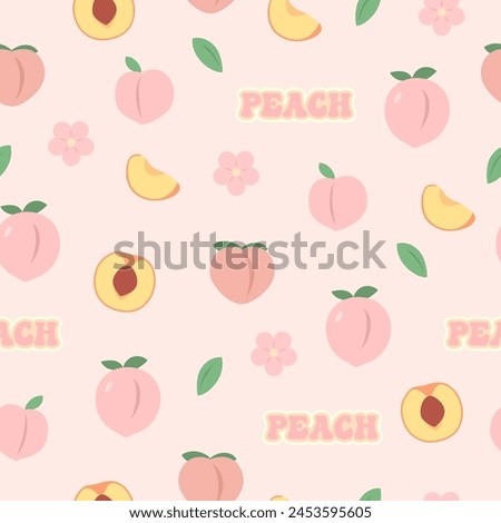 Cute pastel peach seamless pattern. Juicy peach fruit. Girly wallpaper. Vector