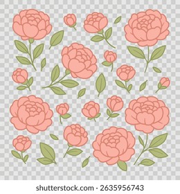 Cute pastel peony flower stickers set. Perfect for printable sticker packs, scrapbooking, planners, greeting cards, gift wrapping, packaging, stationery design, valentine's day, weddings. Flat vector
