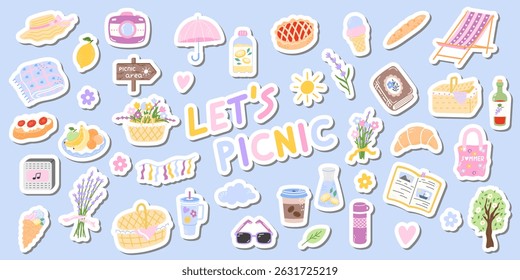 Cute pastel picnic vector set with food, drinks, and summer elements, lemonade, sun hat, croissant, and blanket, flower. Perfect for stickers, clipart, and cozy designs