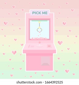 Cute pastel pink claw machine with 8-bit heart shape on pastel gradient background